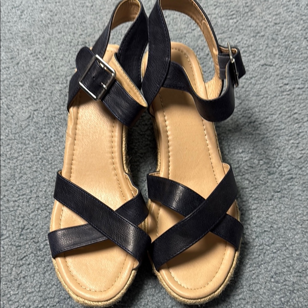 Tan and Blue Sandals with Cork Platform and Ankle Strap